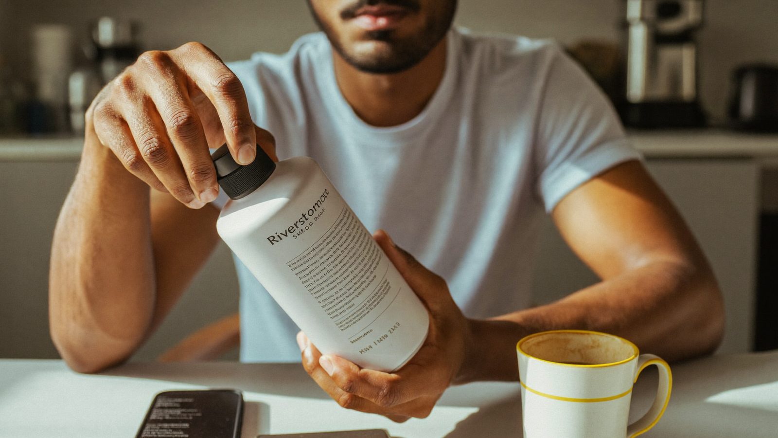 Man reading cosmetic ingredient label at kitchen table beside phone