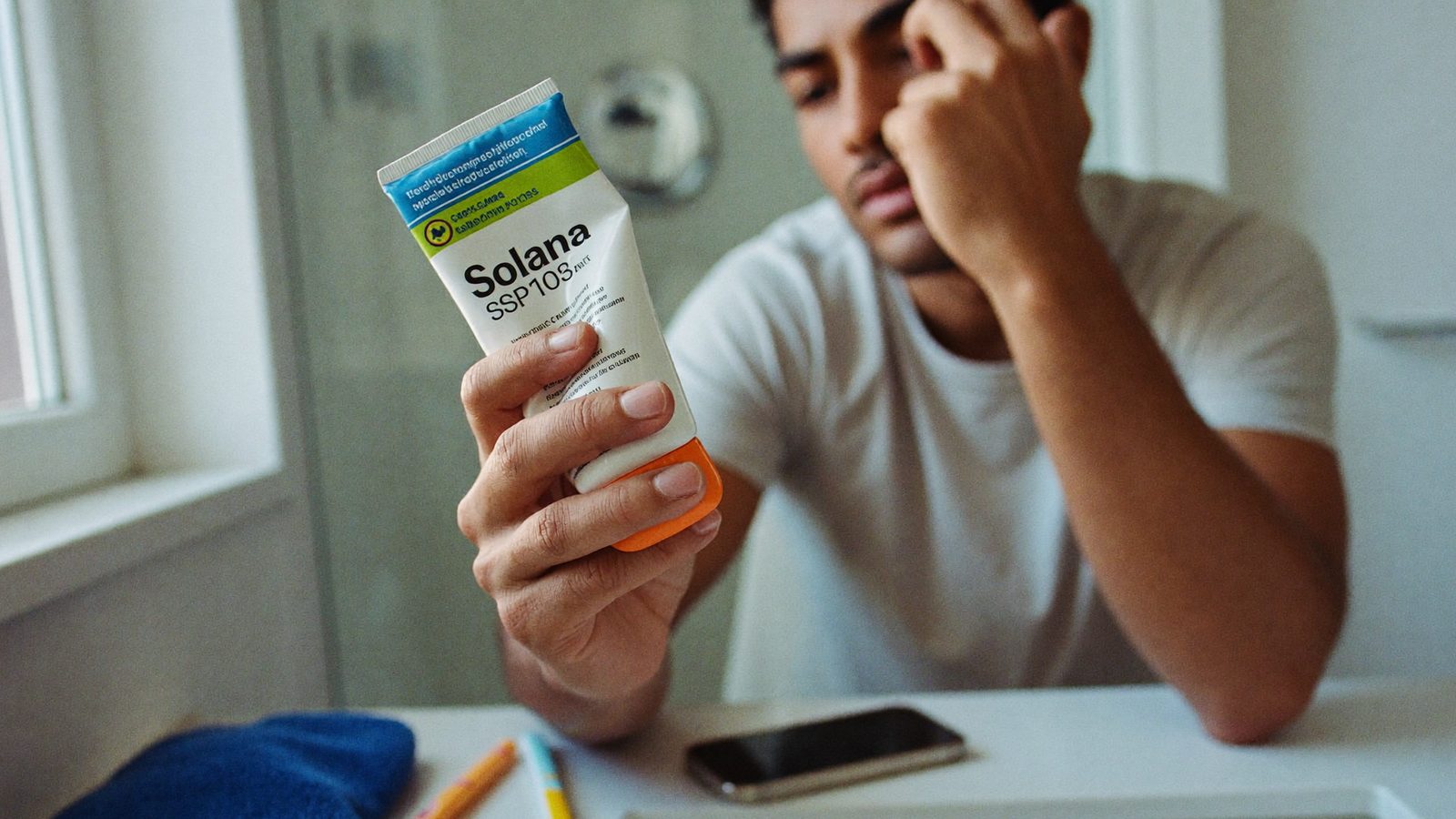 Man reading sunscreen ingredient label to check for endocrine disruptors