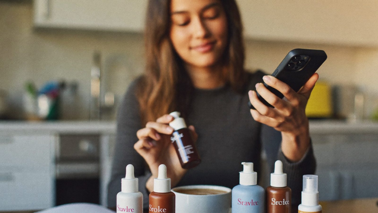 Woman comparing skincare fragrance ingredients with a cosmetic scanner app at home