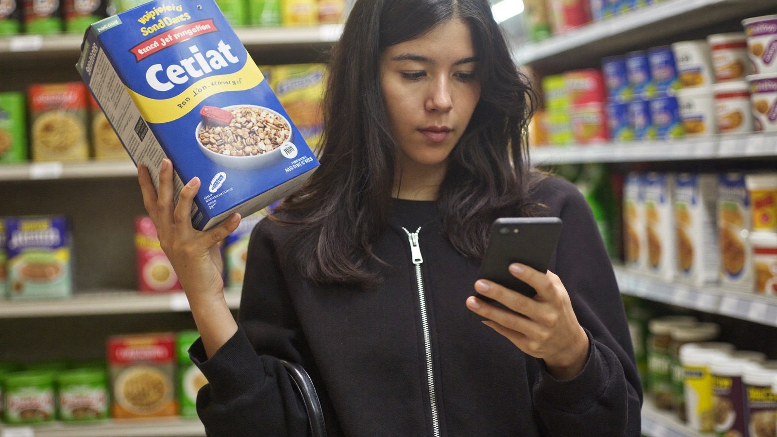 Woman using ingredient checker app to compare cereal label in grocery aisle