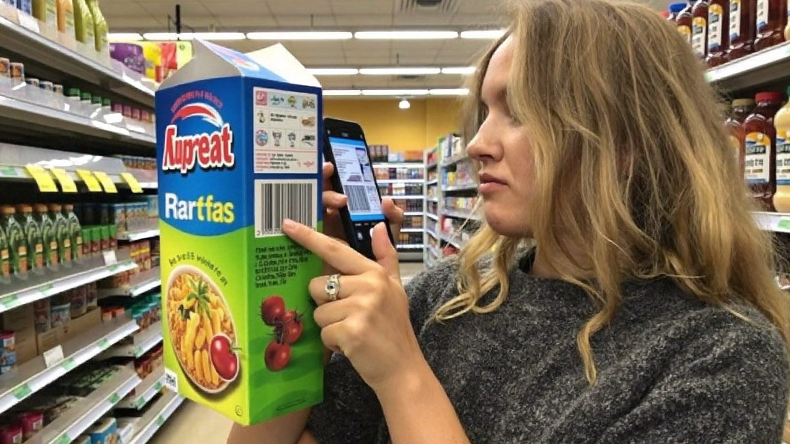 Shopper using a grocery barcode scanner app on a cereal box in a supermarket aisle