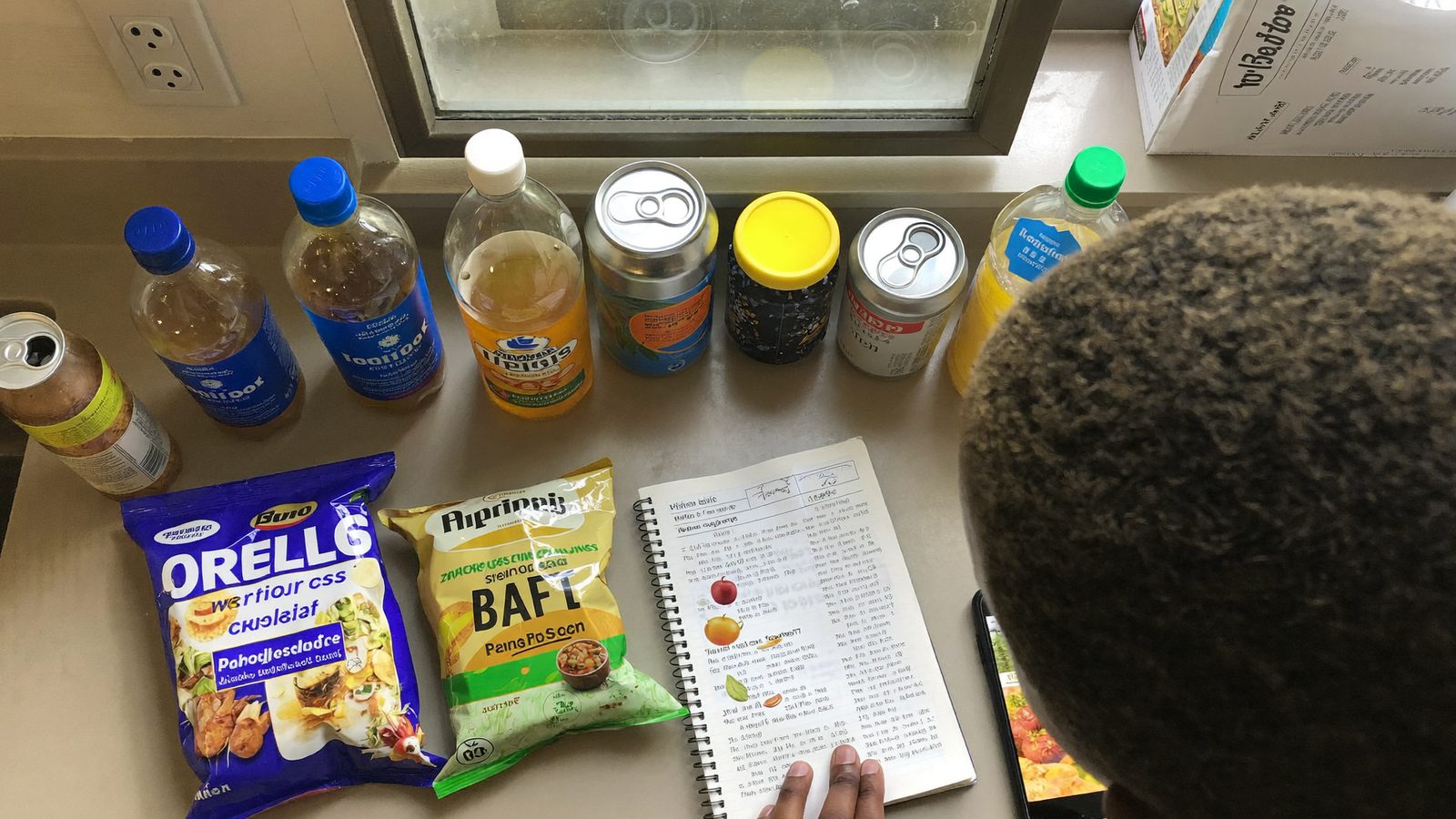 Ten groceries laid out at home to test food barcode scanner app accuracy against labels
