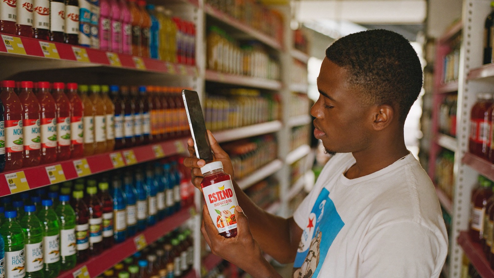 Shopper scanning a drink barcode for an unbiased health score in Haiti