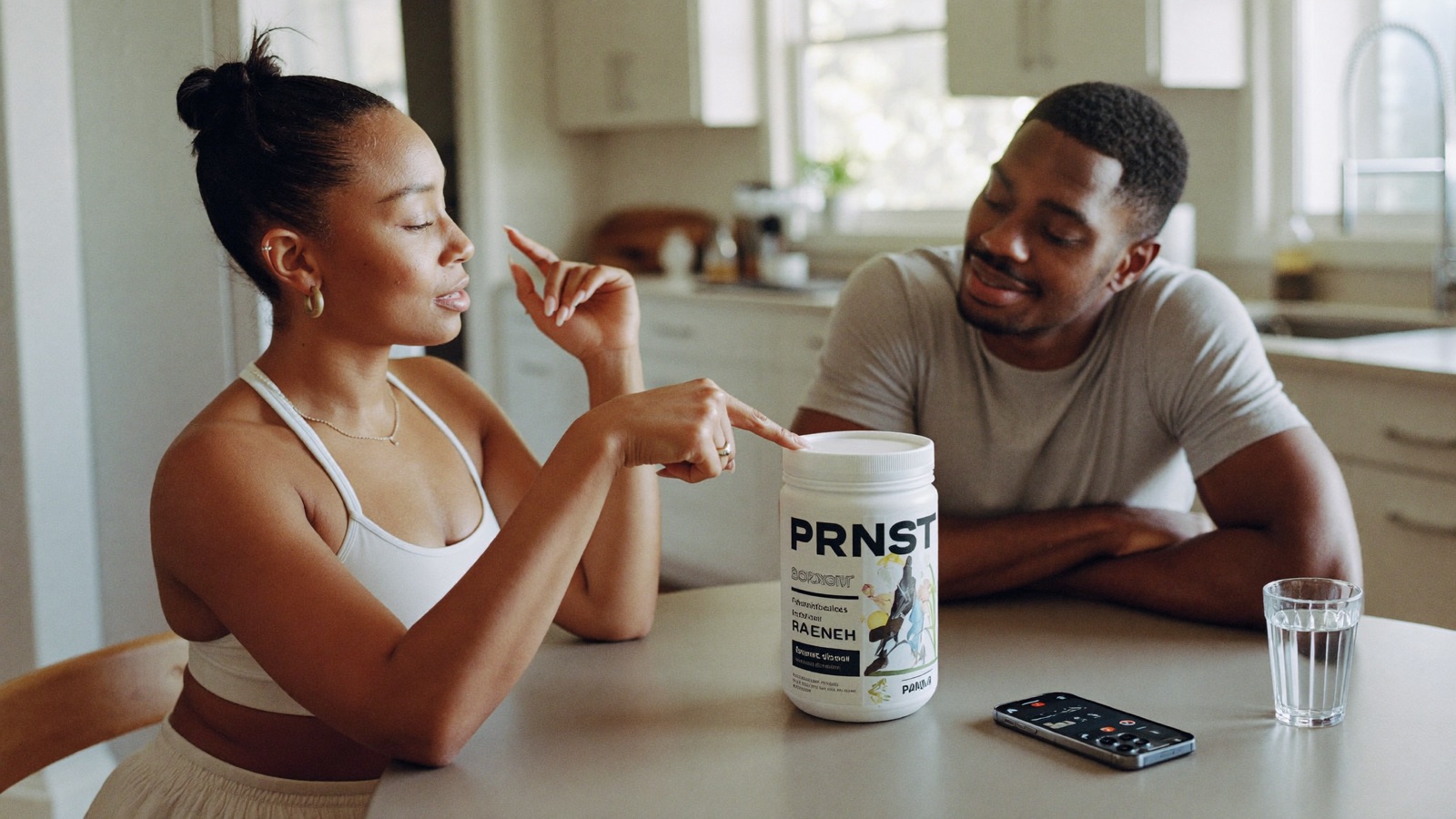 Friends reading a supplement label next to a food scanner app result