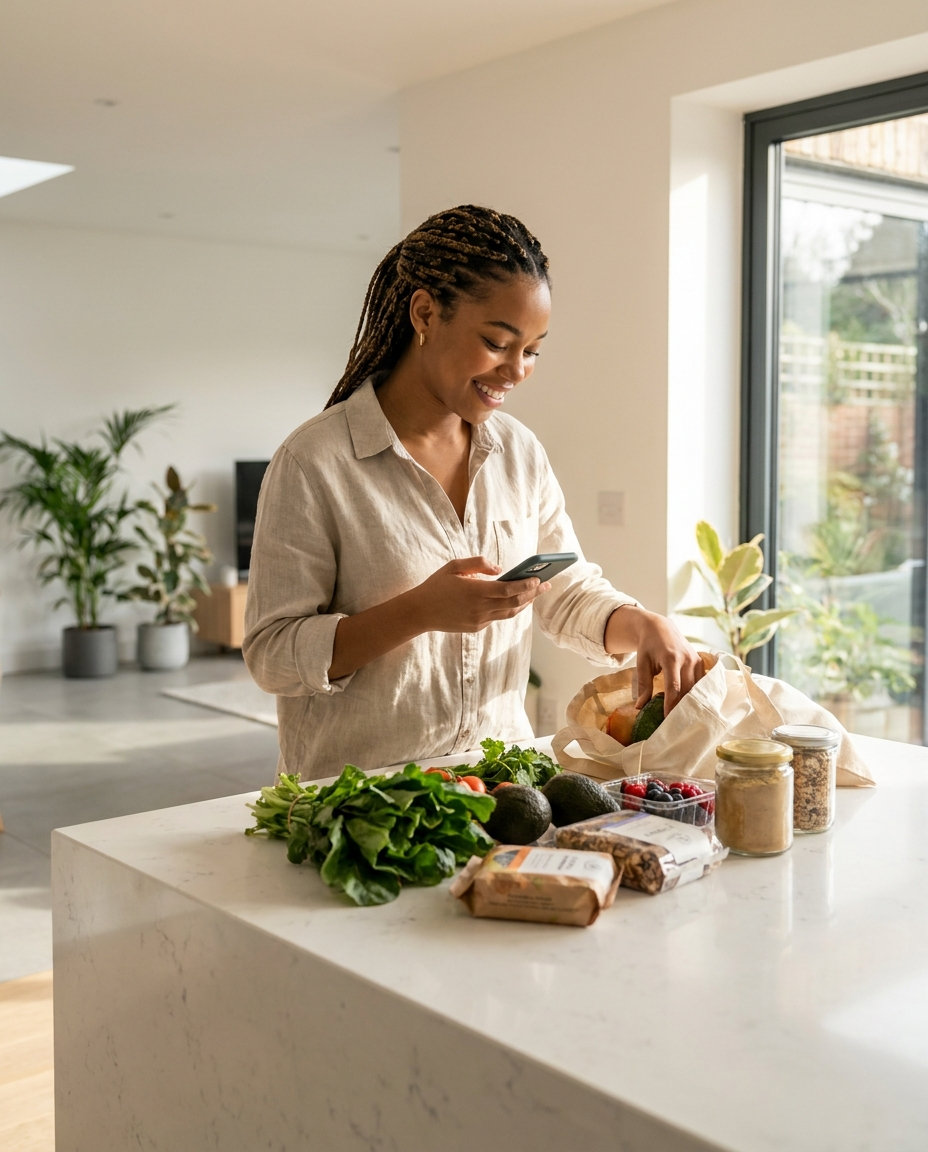 Woman checking groceries at home with ScanVeer