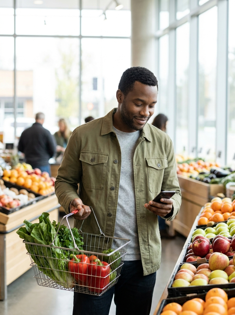 Man checking ScanVeer while shopping for produce